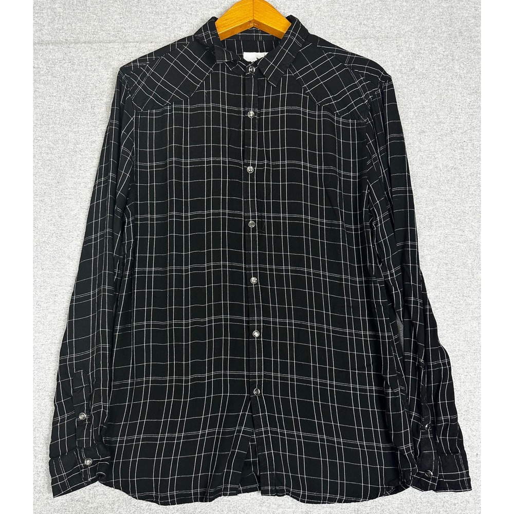 YoungLA Pearl Snap Shirt Mens Large Black Grid Viscose Western Yoke Streetwear